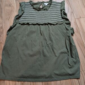 J. Crew Factory Olive Green Smocked Ruffle Sleeve Blouse